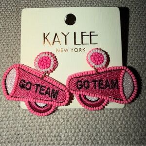 Kay Lee Pink & White Embroidered 'Go Team' Beaded CheerLeader Megaphone Earrings